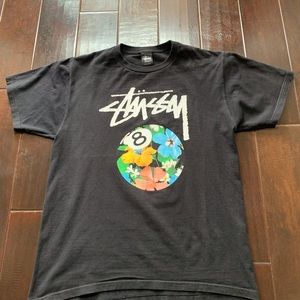 Stussy shirt Black with 8 ball and floral graphic